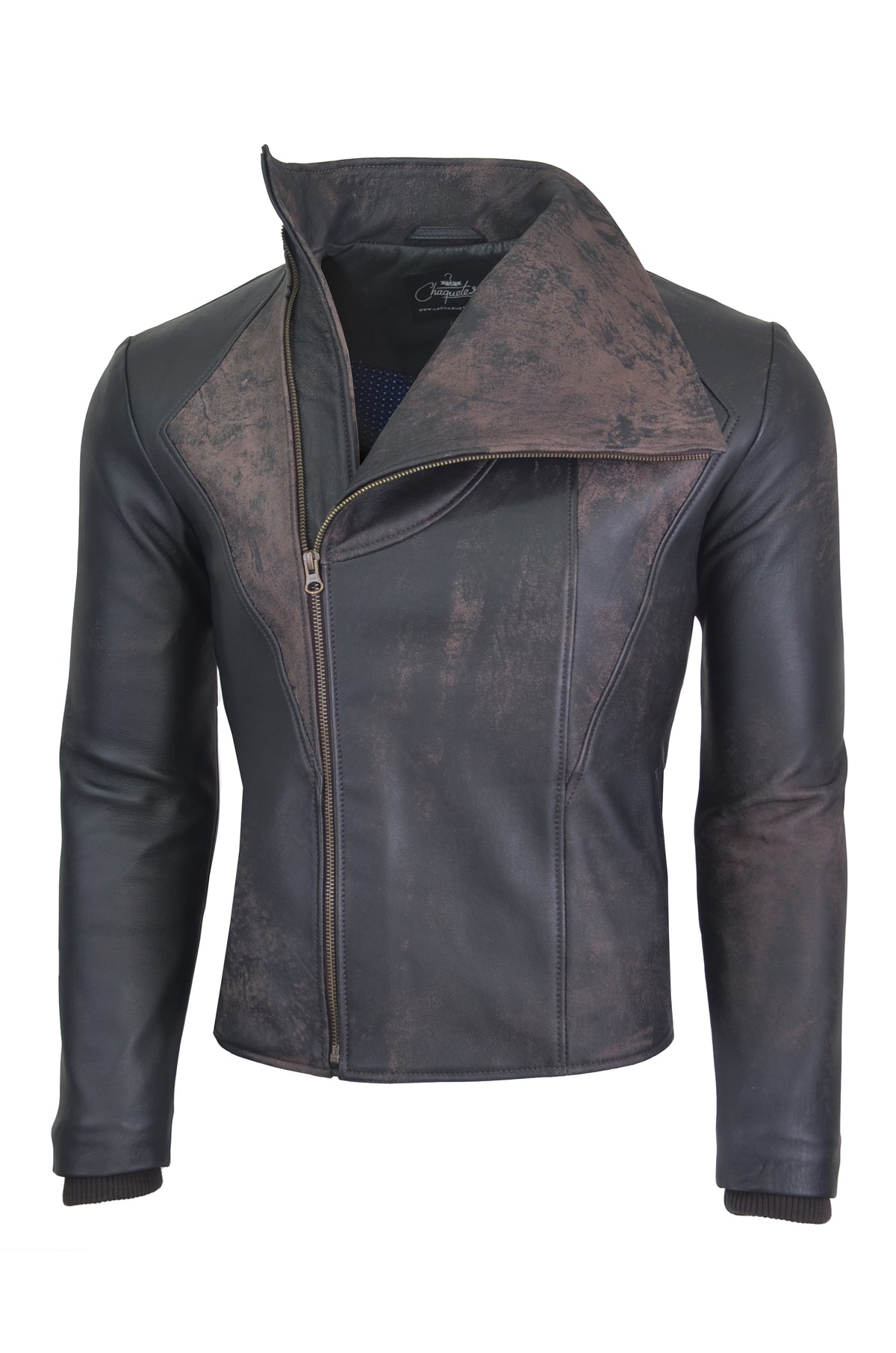 Chaqueta de Cuero Con Proceso De Envejecido Marron LCHL22
