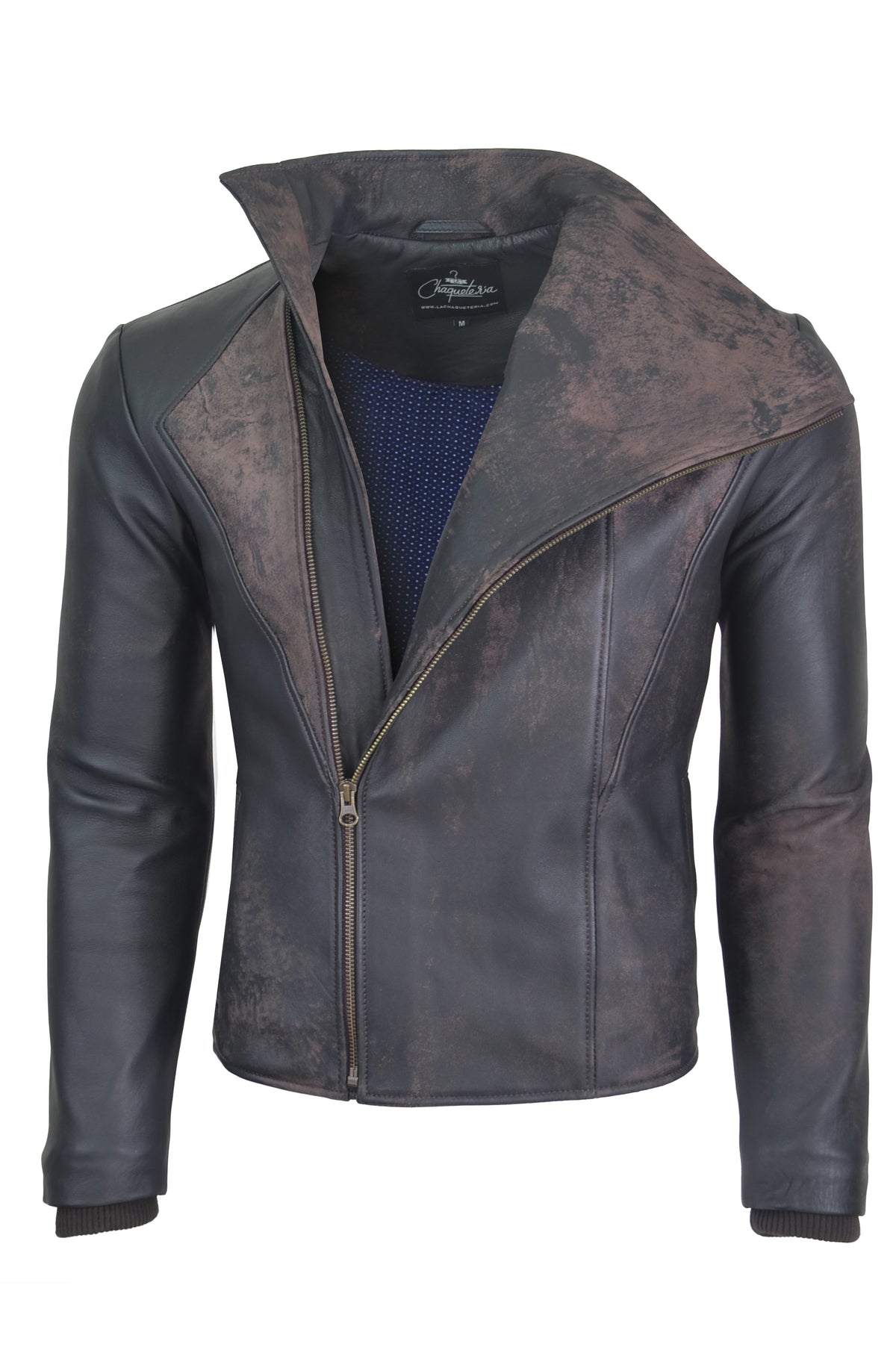 Chaqueta de Cuero Con Proceso De Envejecido Marron LCHL22