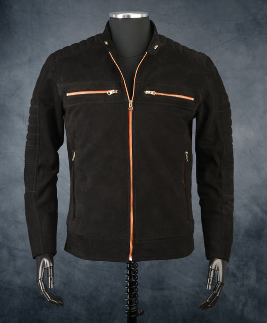 Chaqueta en Cuero Gamuza Negro Cinta Naranja LCHL28