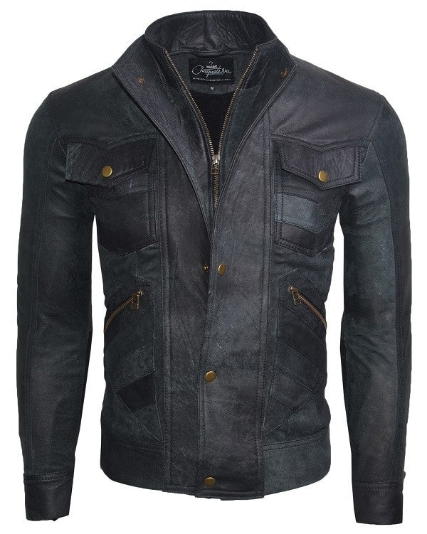 Chaqueta de Cuero Envejecido Raspado Azul LCHL30