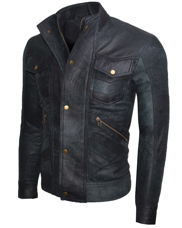 Chaqueta de Cuero Envejecido Raspado Azul LCHL30