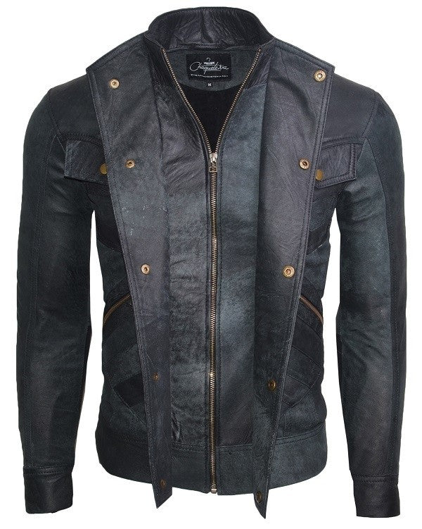 Chaqueta de Cuero Envejecido Raspado Azul LCHL30