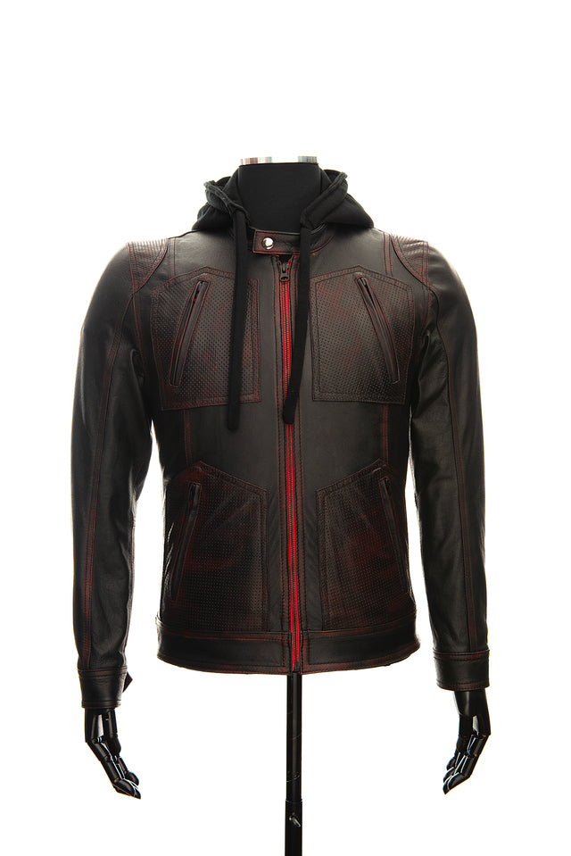 Chaqueta en Cuero Envejecido Negro Base Rojo LCHL94