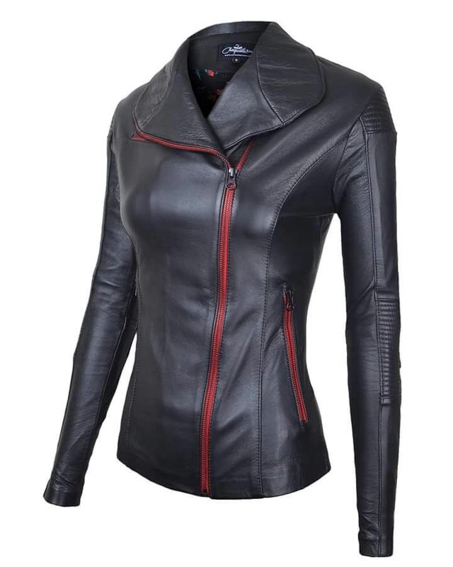 Chaqueta en Cuero Negro Cinta Roja W12