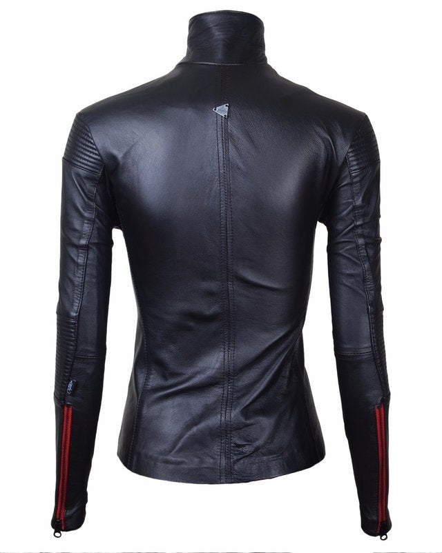 Chaqueta en Cuero Negro Cinta Roja W12