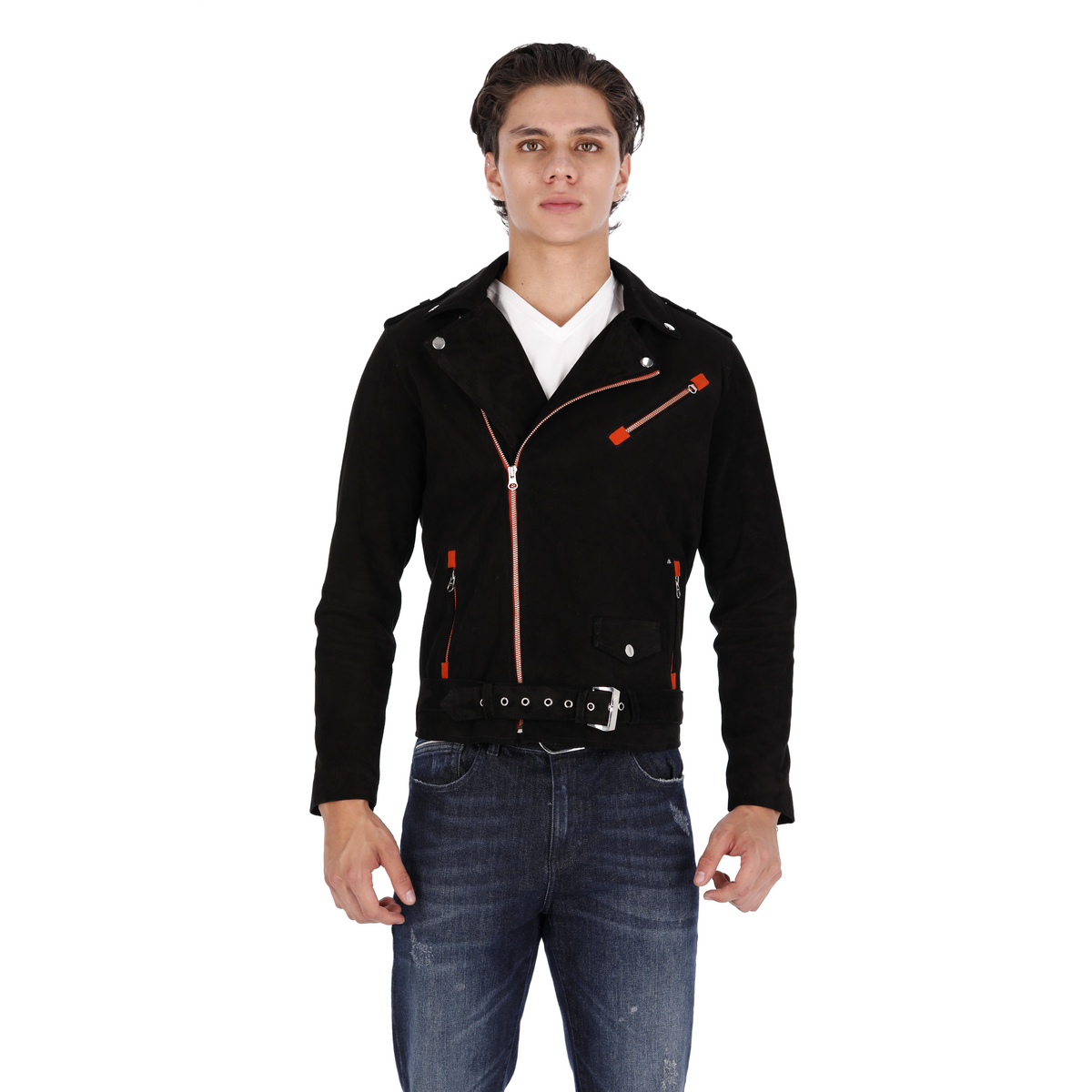 Chaqueta de Cuero Gamuza Becerro Negro Cinta Naranja Bison