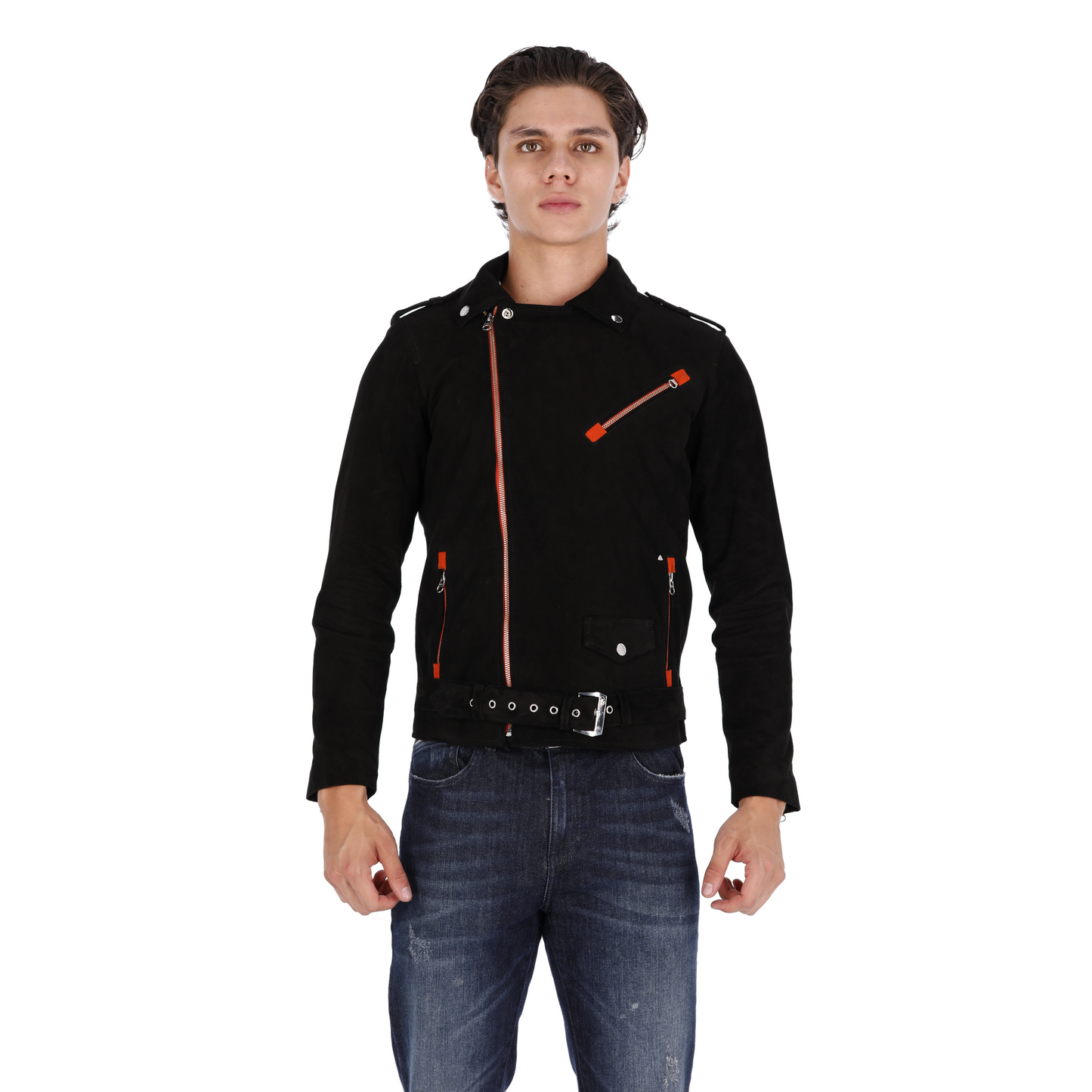 Chaqueta en Cuero Gamuza Becerro Negro Cinta Naranja Bison