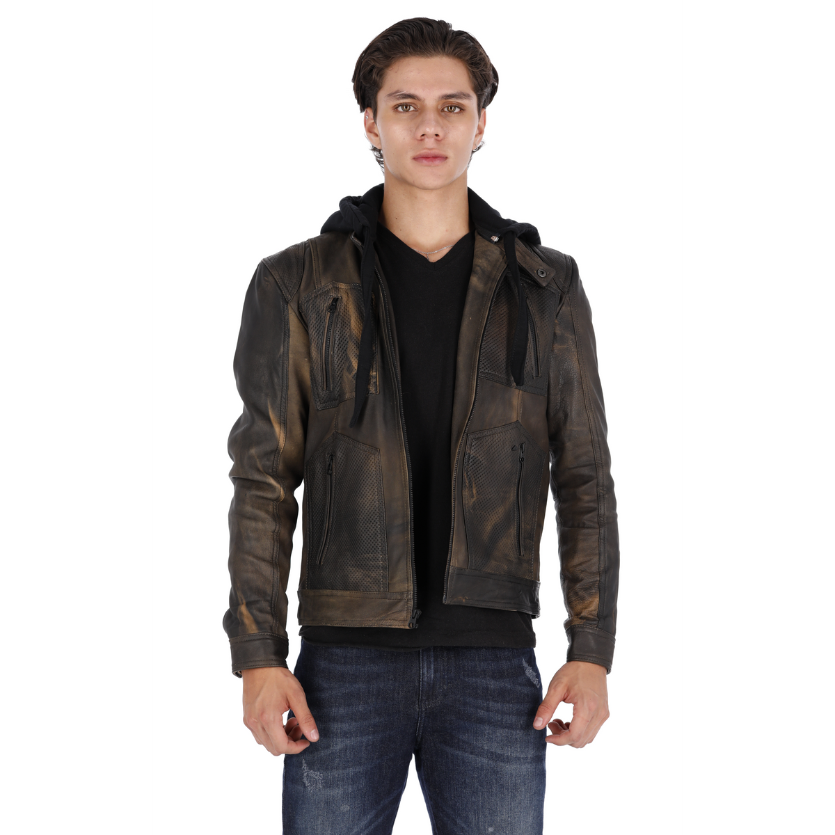 Chaqueta de Cuero Envejecido Negro Base Verde LCHL94 Marca La Chaqueteria