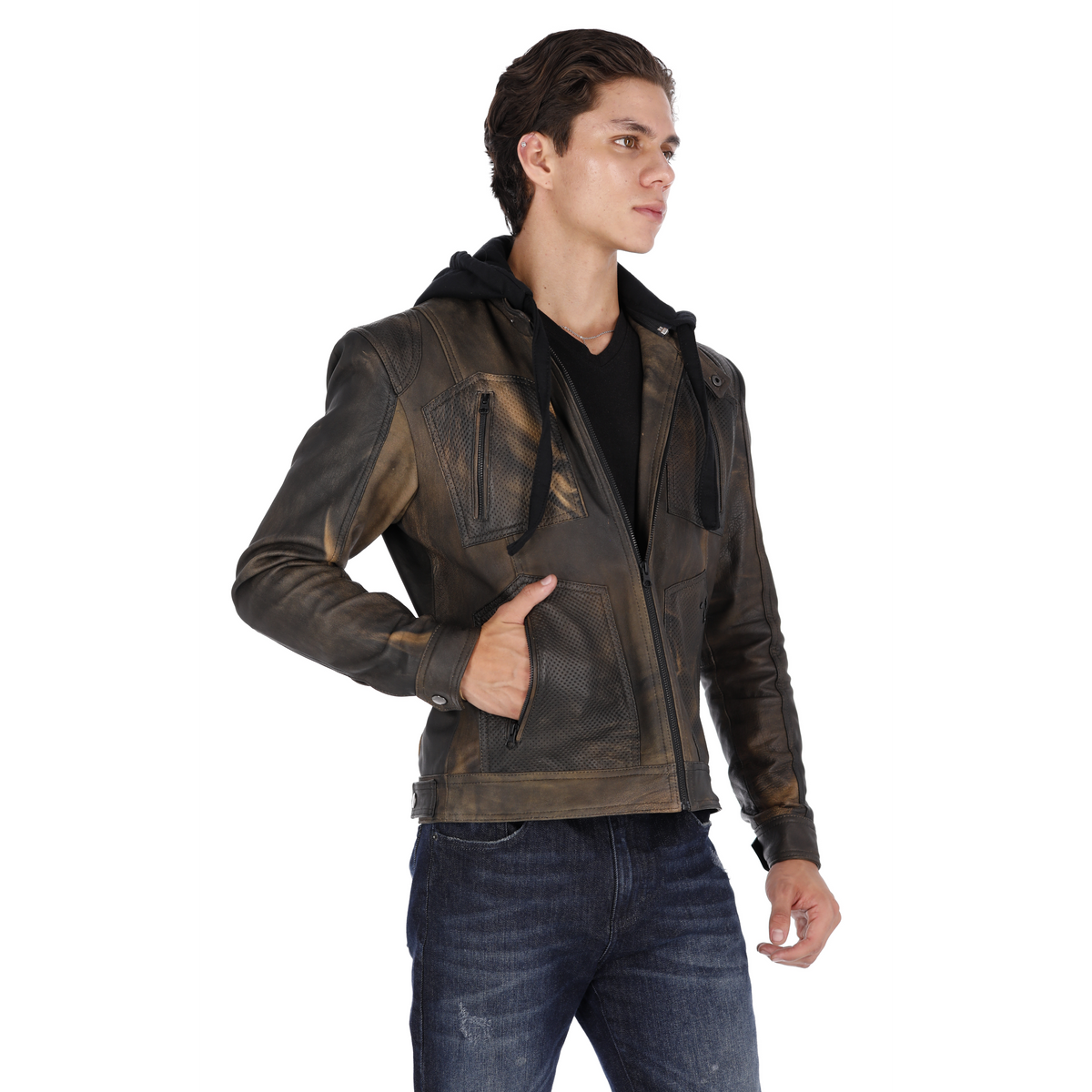 Chaqueta de Cuero Envejecido Negro Base Verde LCHL94 Marca La Chaqueteria