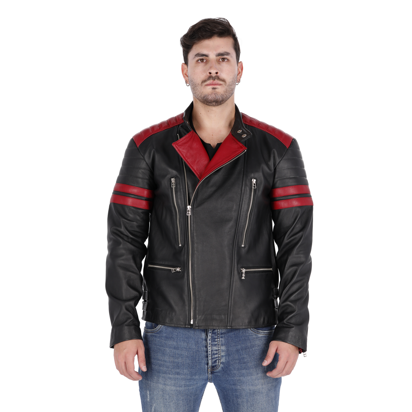 Chaqueta en Cuero Negro Rojo Voker