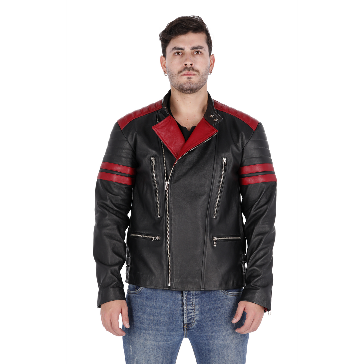 Chaqueta de Cuero Negro Rojo Voker