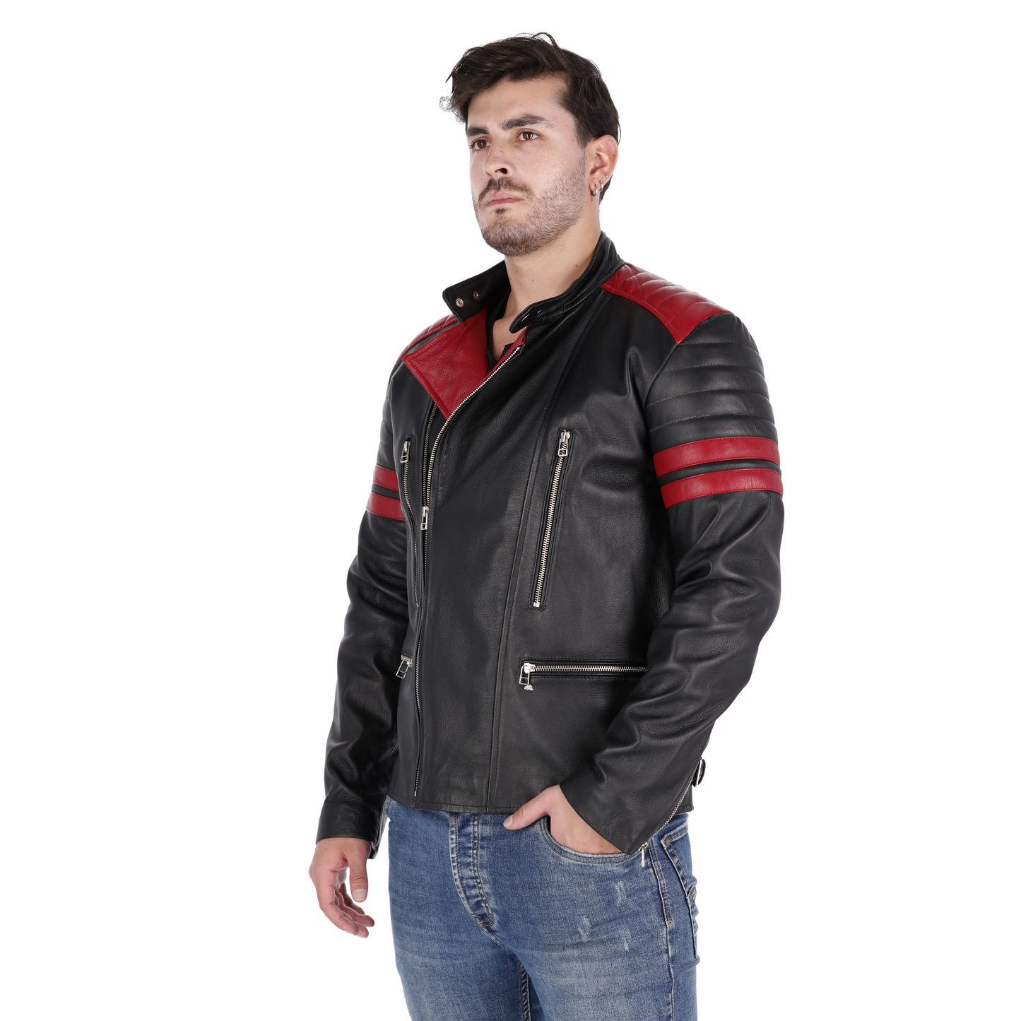 Chaqueta en Cuero Negro Rojo Voker