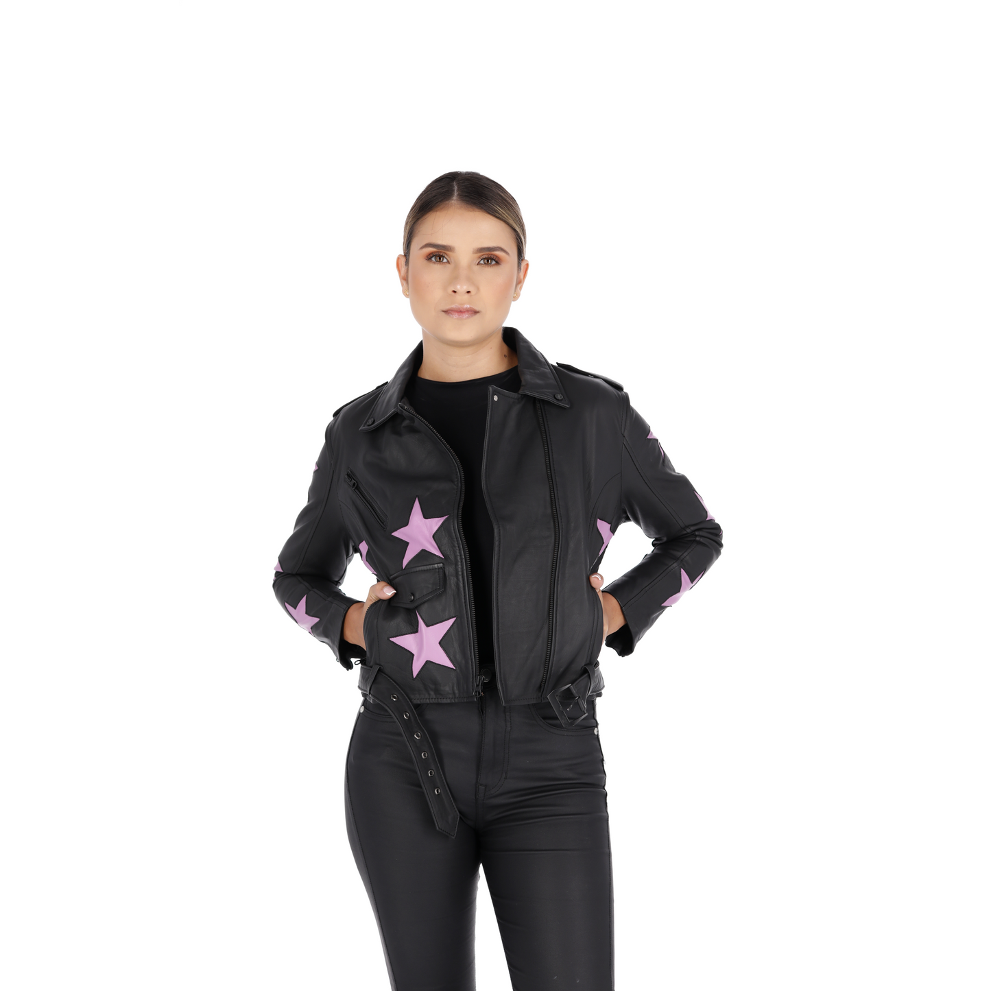 Chaqueta en Cuero Becerro Negro Estrellas Fucsia W48