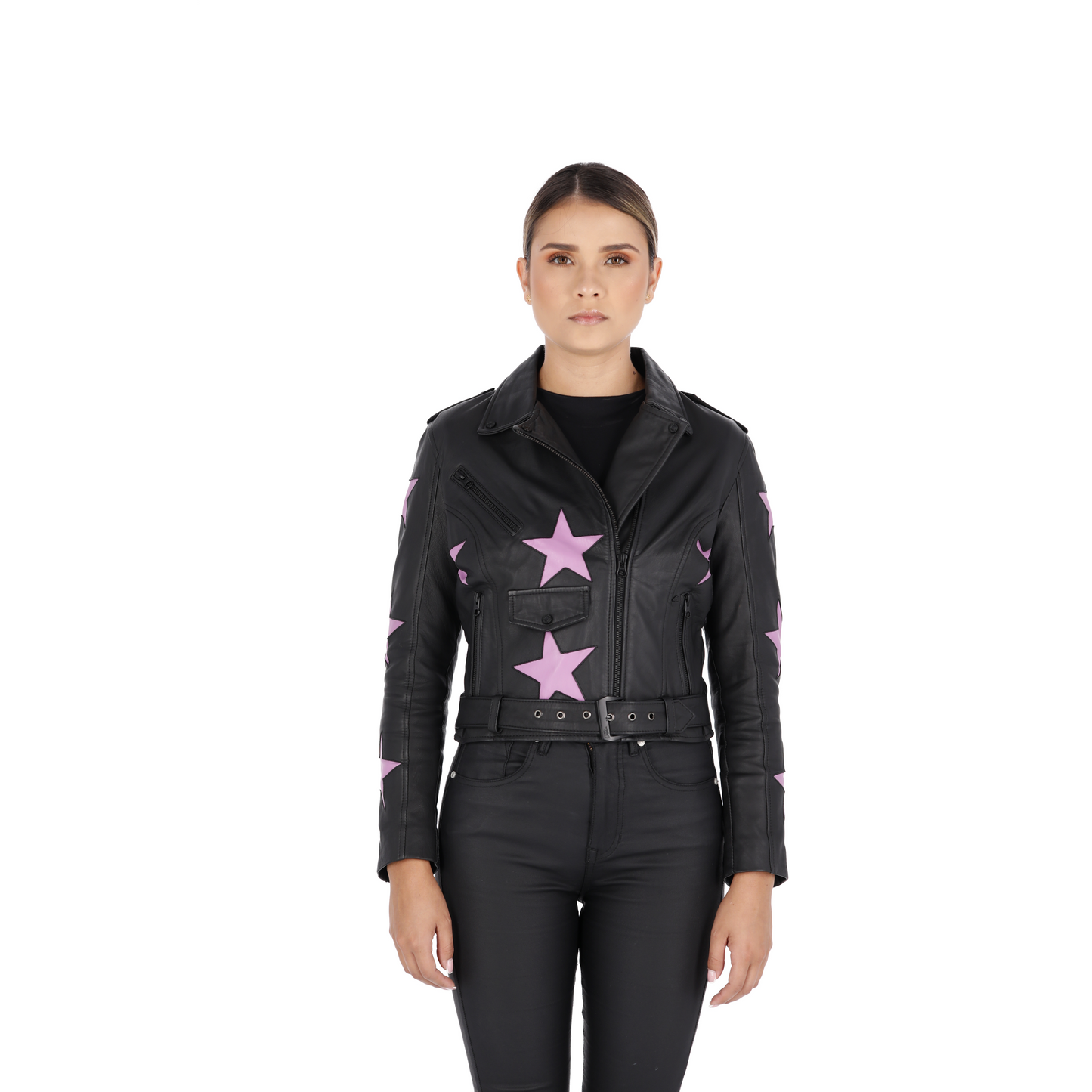 Chaqueta en Cuero Becerro Negro Estrellas Fucsia W48