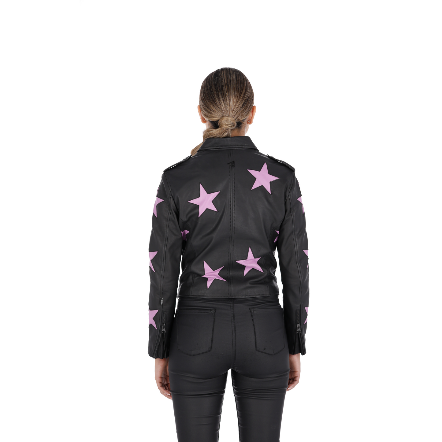 Chaqueta en Cuero Becerro Negro Estrellas Fucsia W48