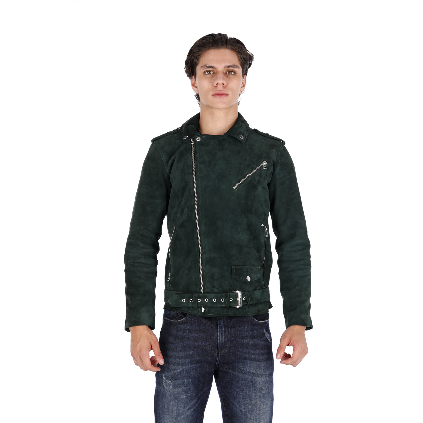 Chaqueta en Cuero Gamuza Cabro Verde Bison Marca La Chaqueteria