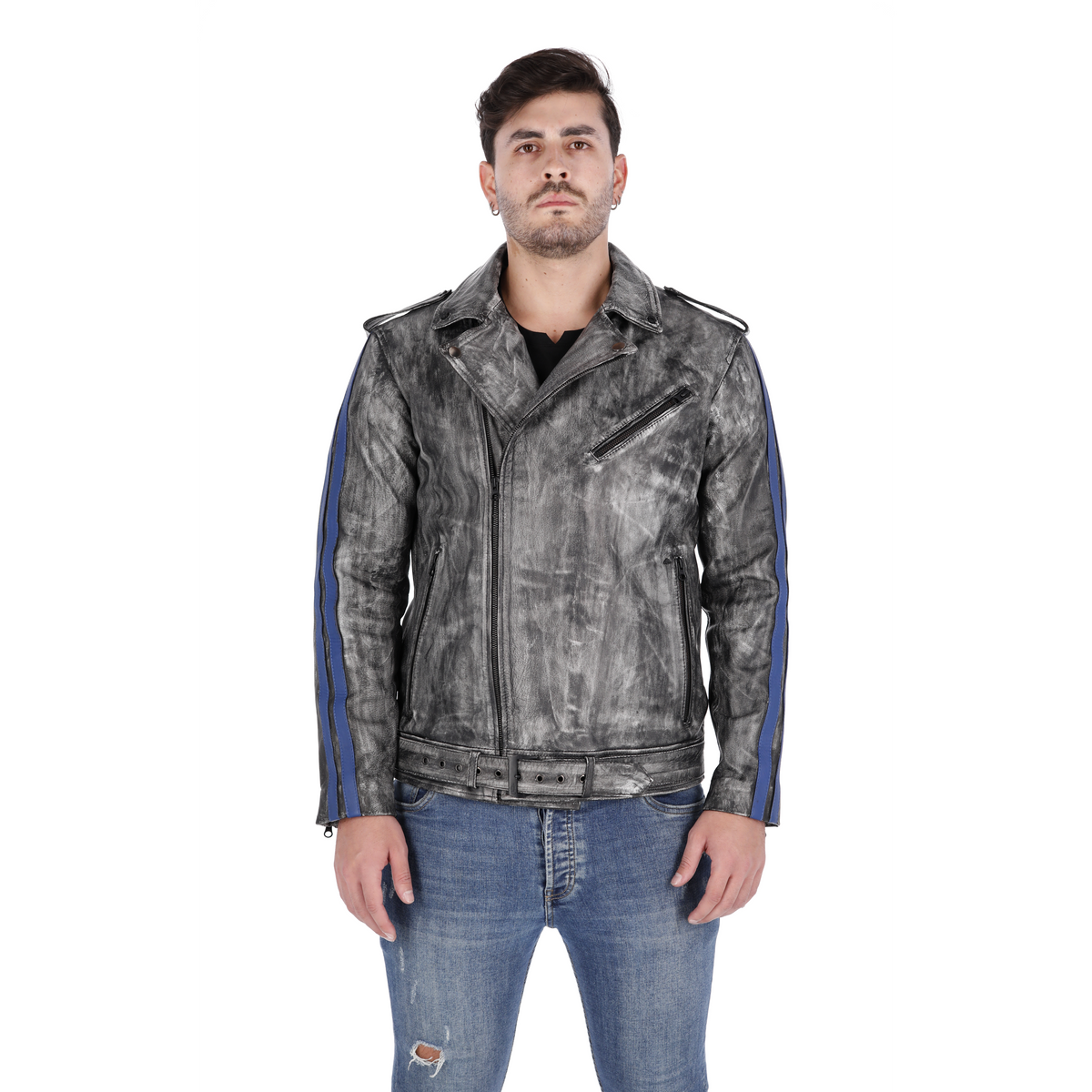 Chaqueta de Cuero Negro Base Blanco Con Lineas Azules Bison
