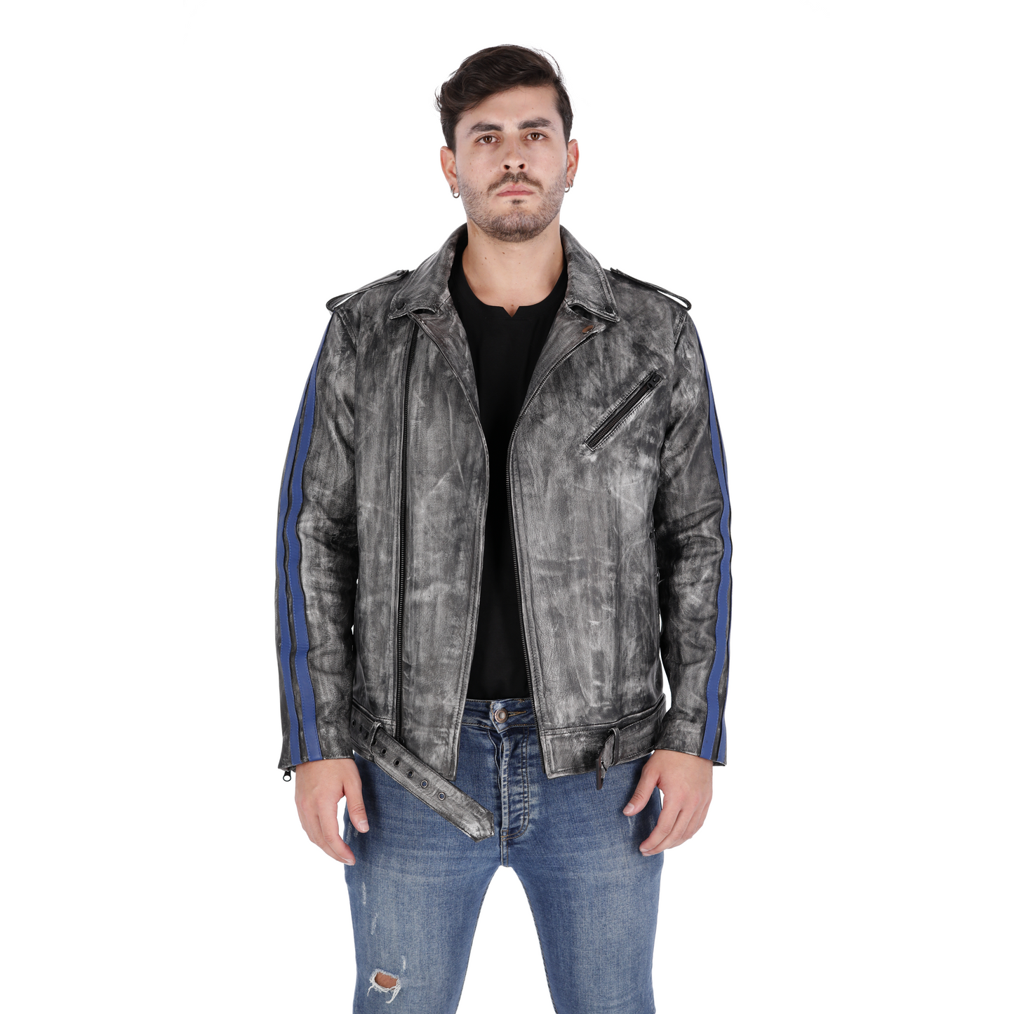 Chaqueta en Cuero Negro Base Blanco Con Lineas Azules Bison