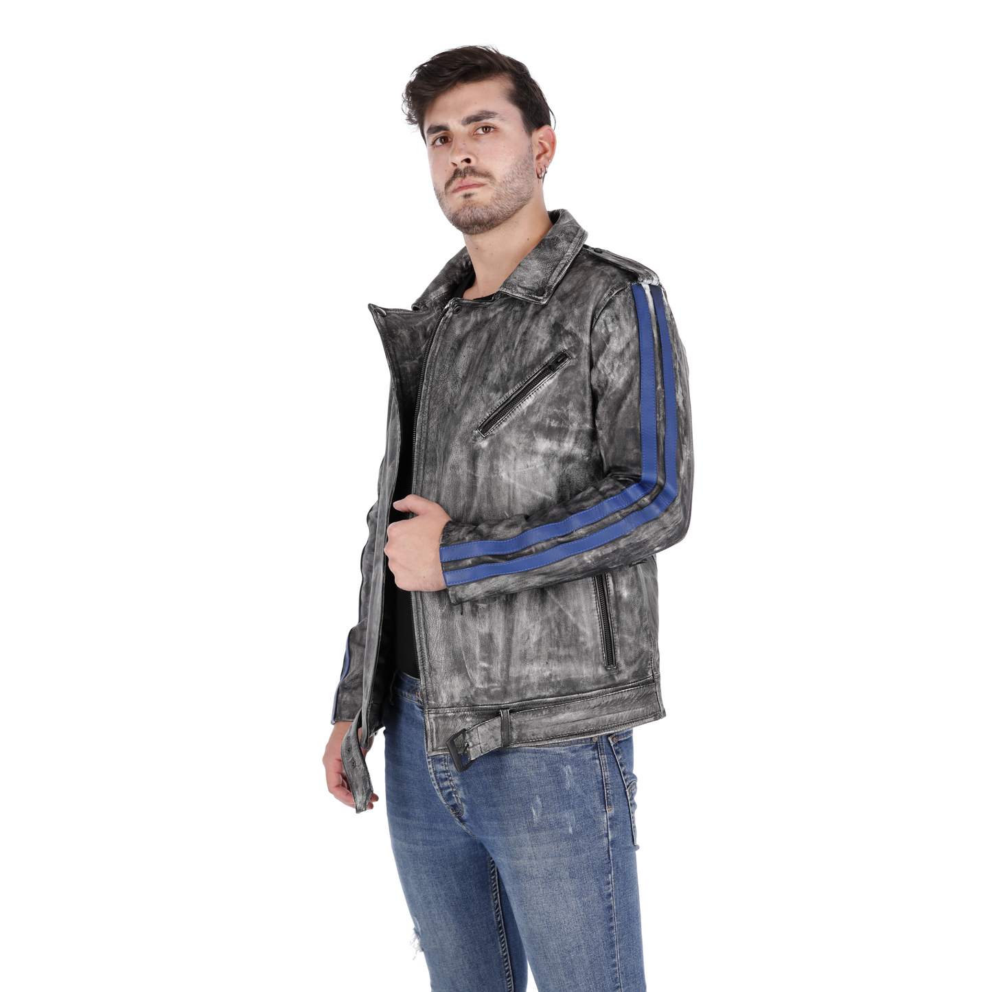 Chaqueta en Cuero Negro Base Blanco Con Lineas Azules Bison