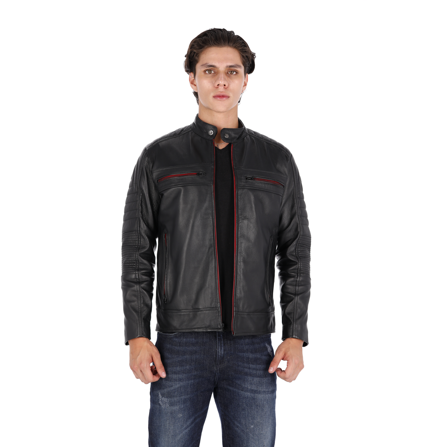 Chaqueta en Cuero Negro Cinta Roja LCHL28 Marca La Chaqueteria