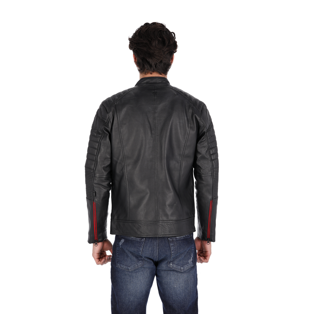 Chaqueta de Cuero Negro Cinta Roja LCHL28 Marca La Chaqueteria