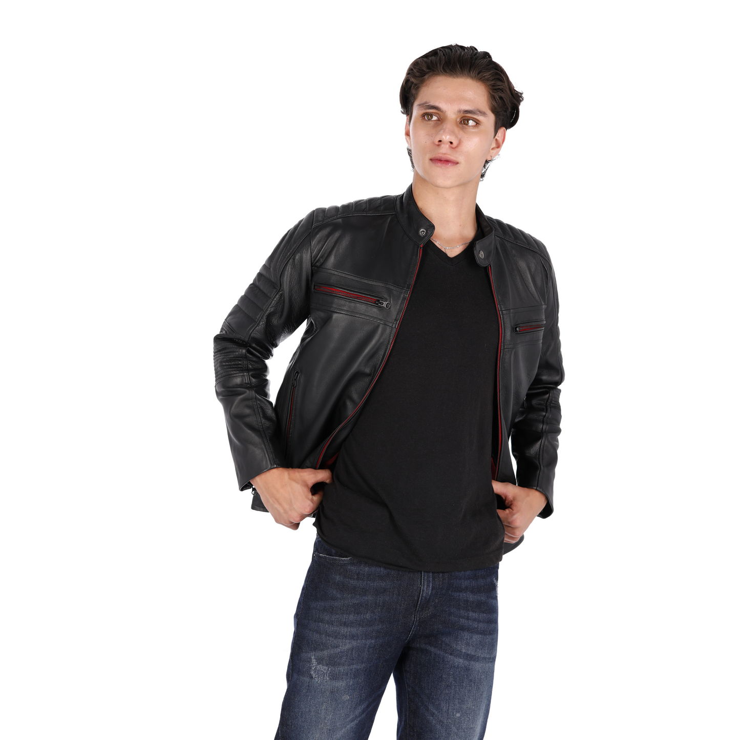 Chaqueta en Cuero Negro Cinta Roja LCHL28 Marca La Chaqueteria