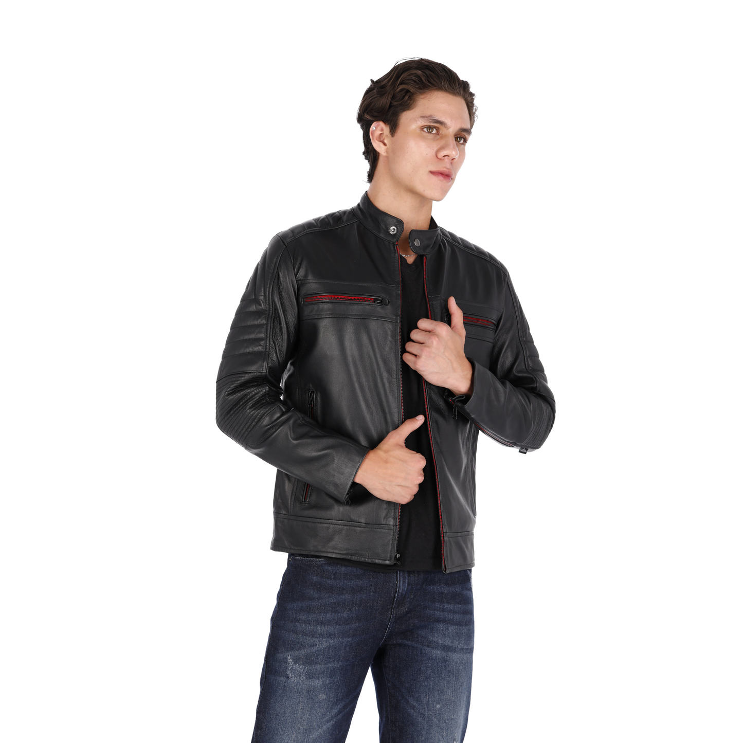 Chaqueta en Cuero Negro Cinta Roja LCHL28 Marca La Chaqueteria