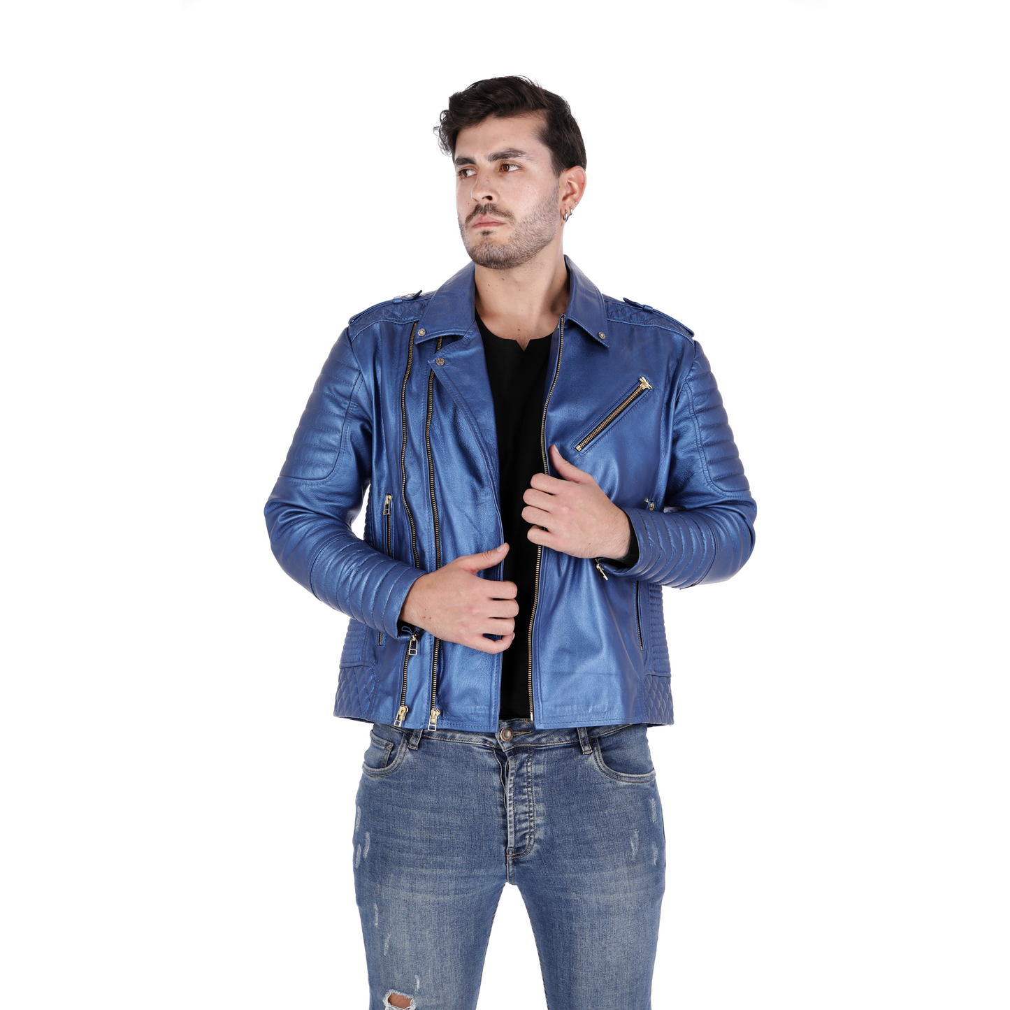 Chaqueta en Cuero Azul Metalizado Blug 2.0