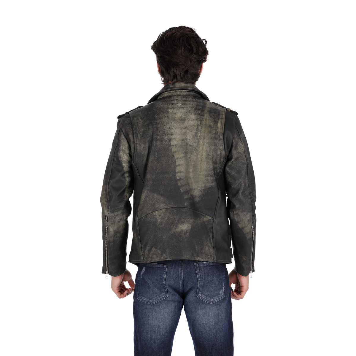 Chaqueta de Cuero Envejecido Negro Base Verde Bison