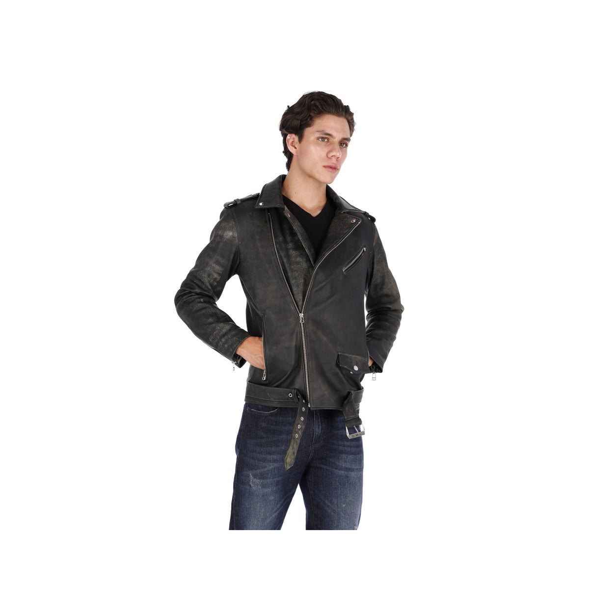 Chaqueta de Cuero Envejecido Negro Base Verde Bison