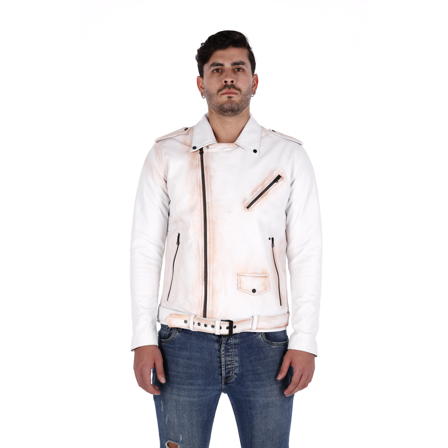 Chaqueta en Cuero Blanco Base Rojo Bison