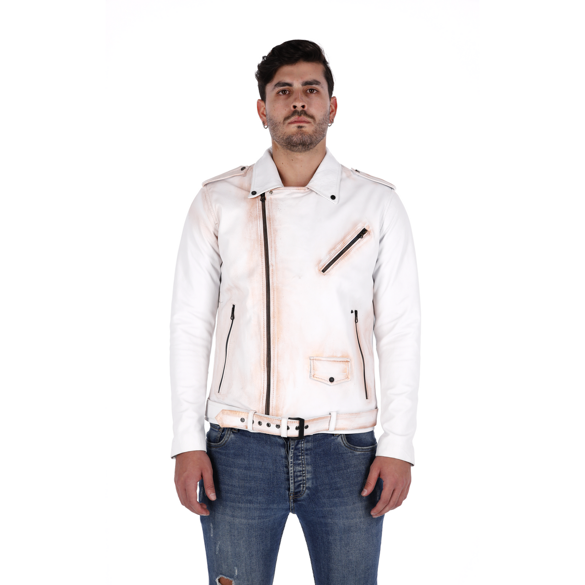 Chaqueta de Cuero Blanco Base Rosa Bison