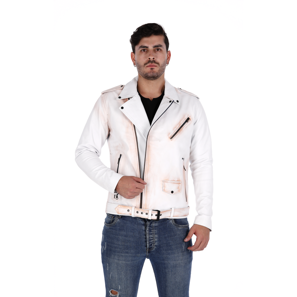 Chaqueta de Cuero Blanco Base Rosa Bison