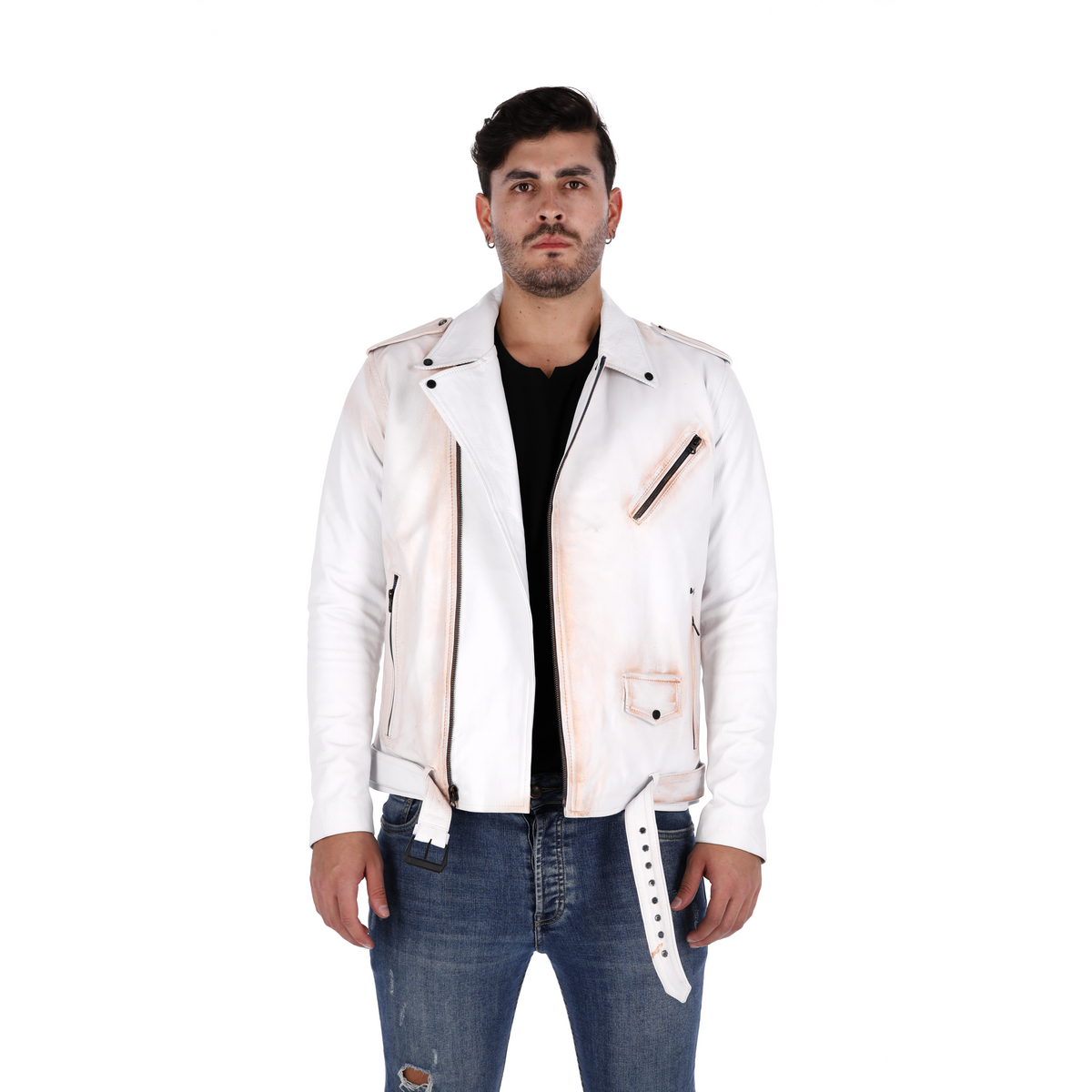 Chaqueta de Cuero Blanco Base Rosa Bison