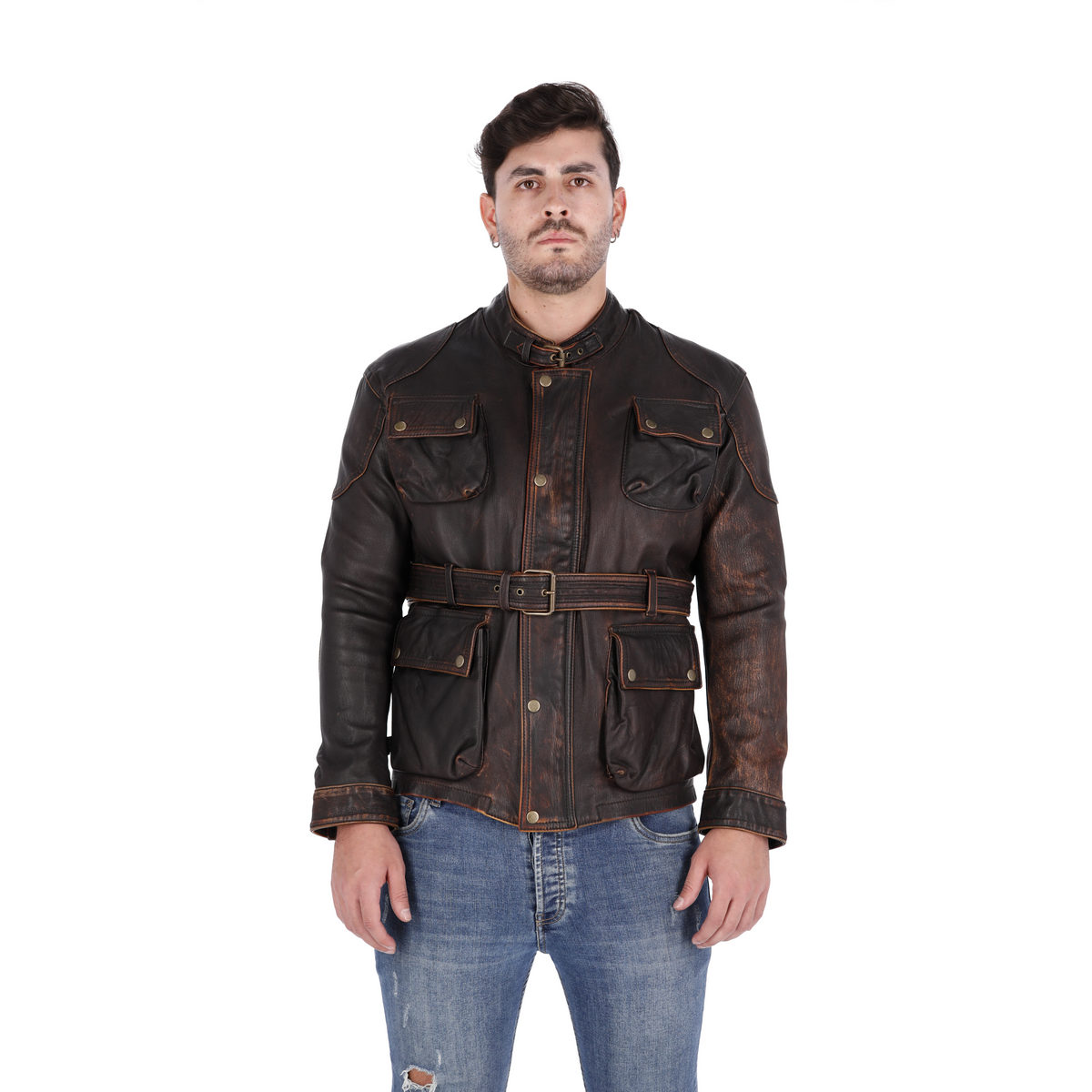 Chaqueta de  Cuero Envejecido Base Cafe Arjun