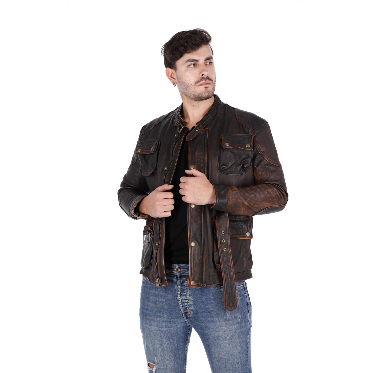 Chaqueta de  Cuero Envejecido Base Cafe Arjun
