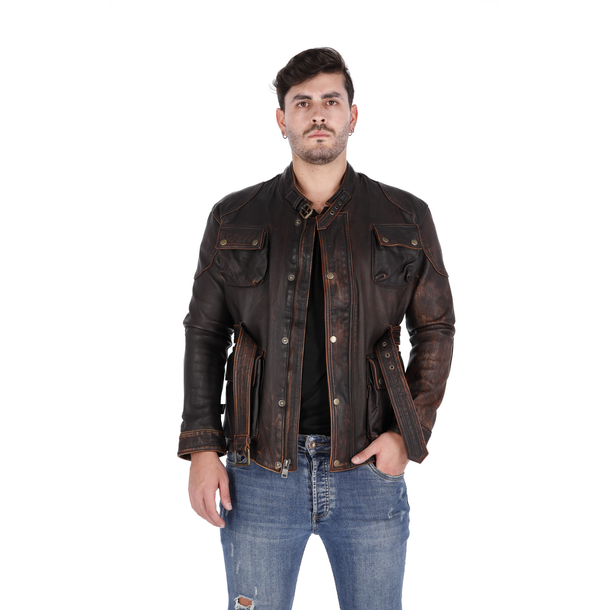Chaqueta de  Cuero Envejecido Base Cafe Arjun