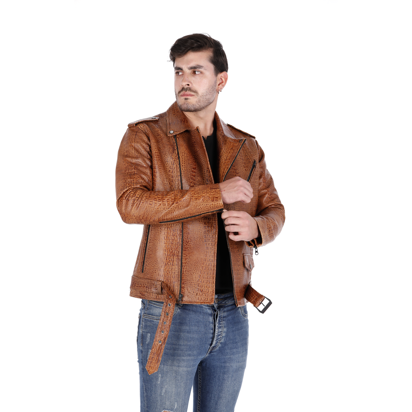 Chaqueta de Cuero Folia Cocodrilo Miel Bison