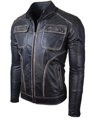 Chaqueta en Cuero Negro Base Beige Abiman