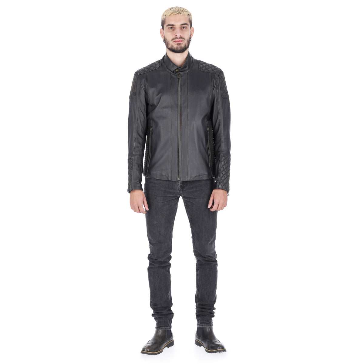 Chaqueta de Cuero Negro Base Beige  LCHL31