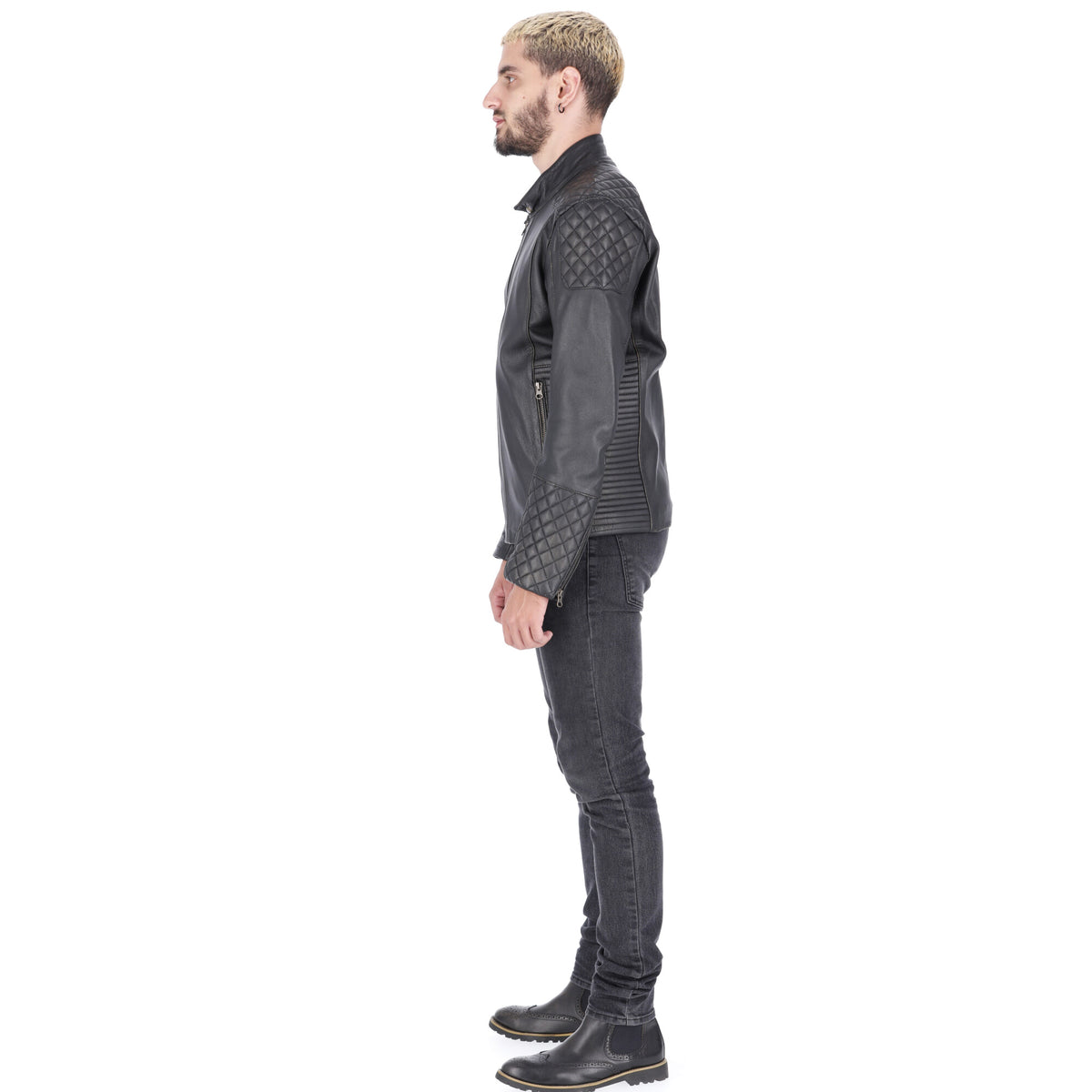 Chaqueta de Cuero Negro Base Beige  LCHL31