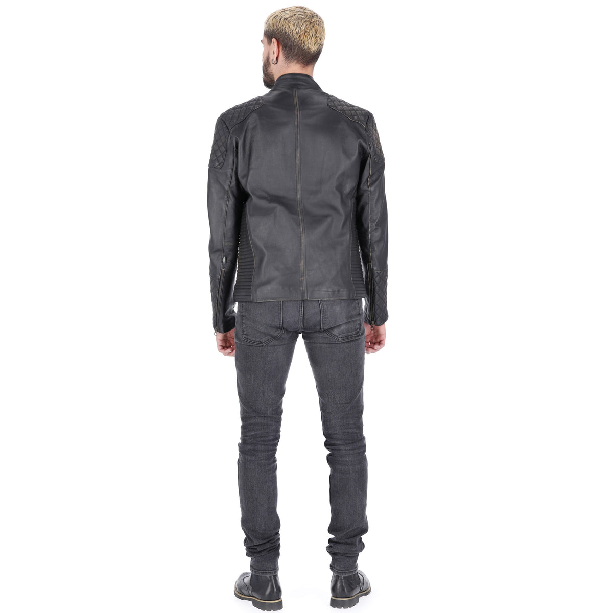 Chaqueta de Cuero Negro Base Beige  LCHL31