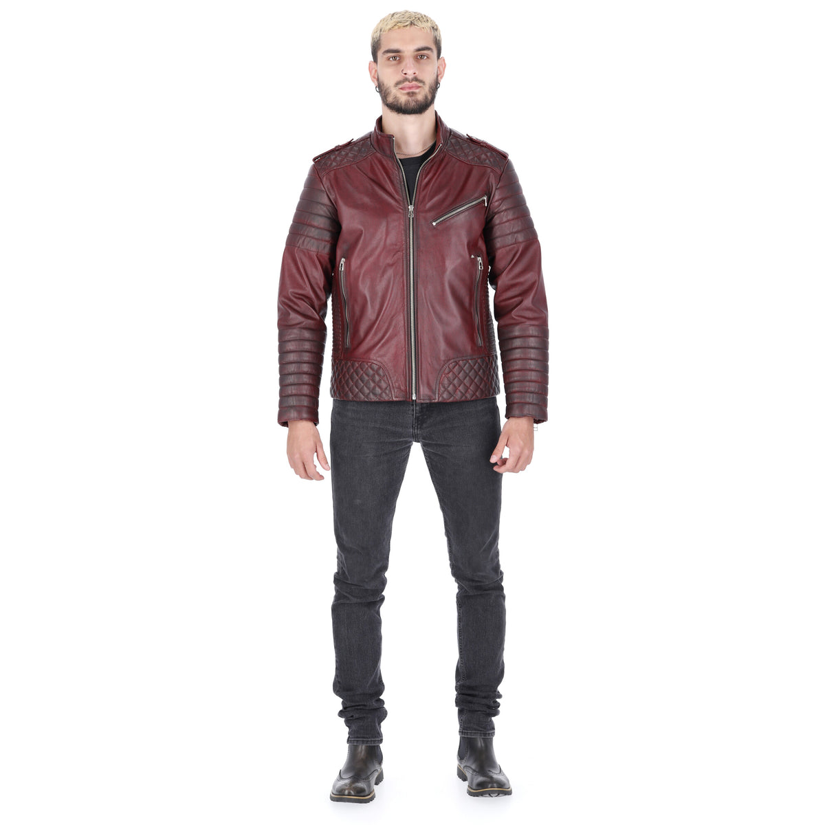 Chaqueta de  Cuero Vinotinto Contrastado Orli