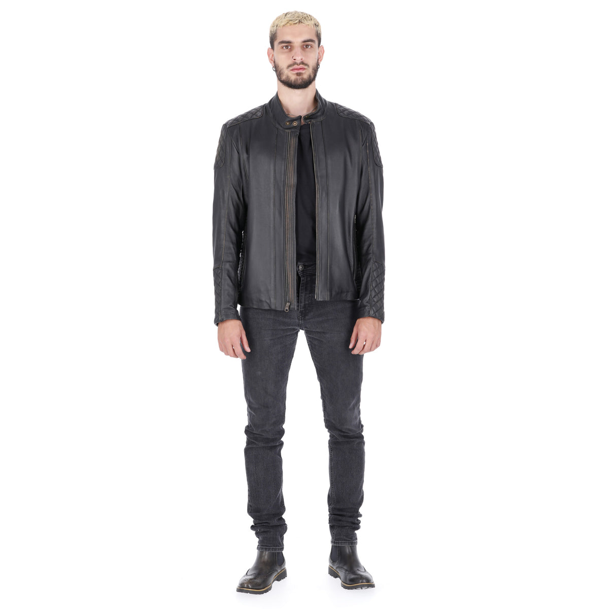 Chaqueta de Cuero Negro Base Beige  LCHL31