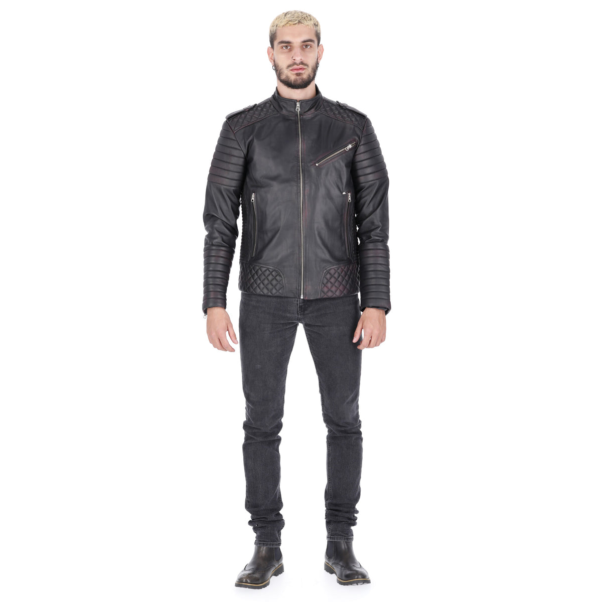 Chaqueta de Cuero Negro Base Morado Orli