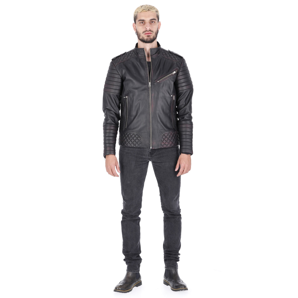 Chaqueta de Cuero Negro Base Morado Orli