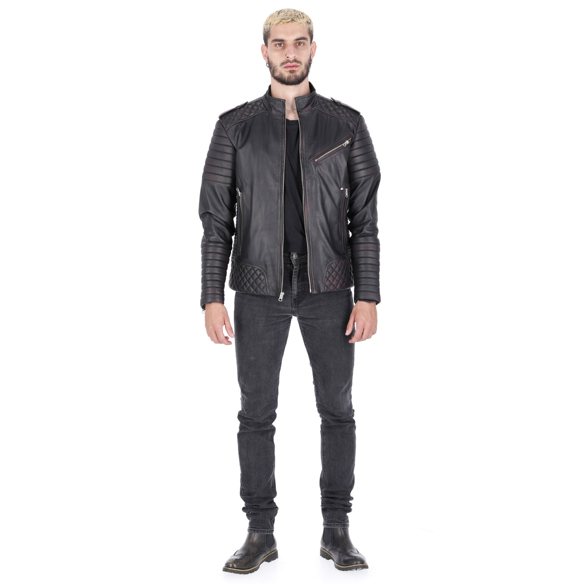 Chaqueta de Cuero Negro Base Morado Orli