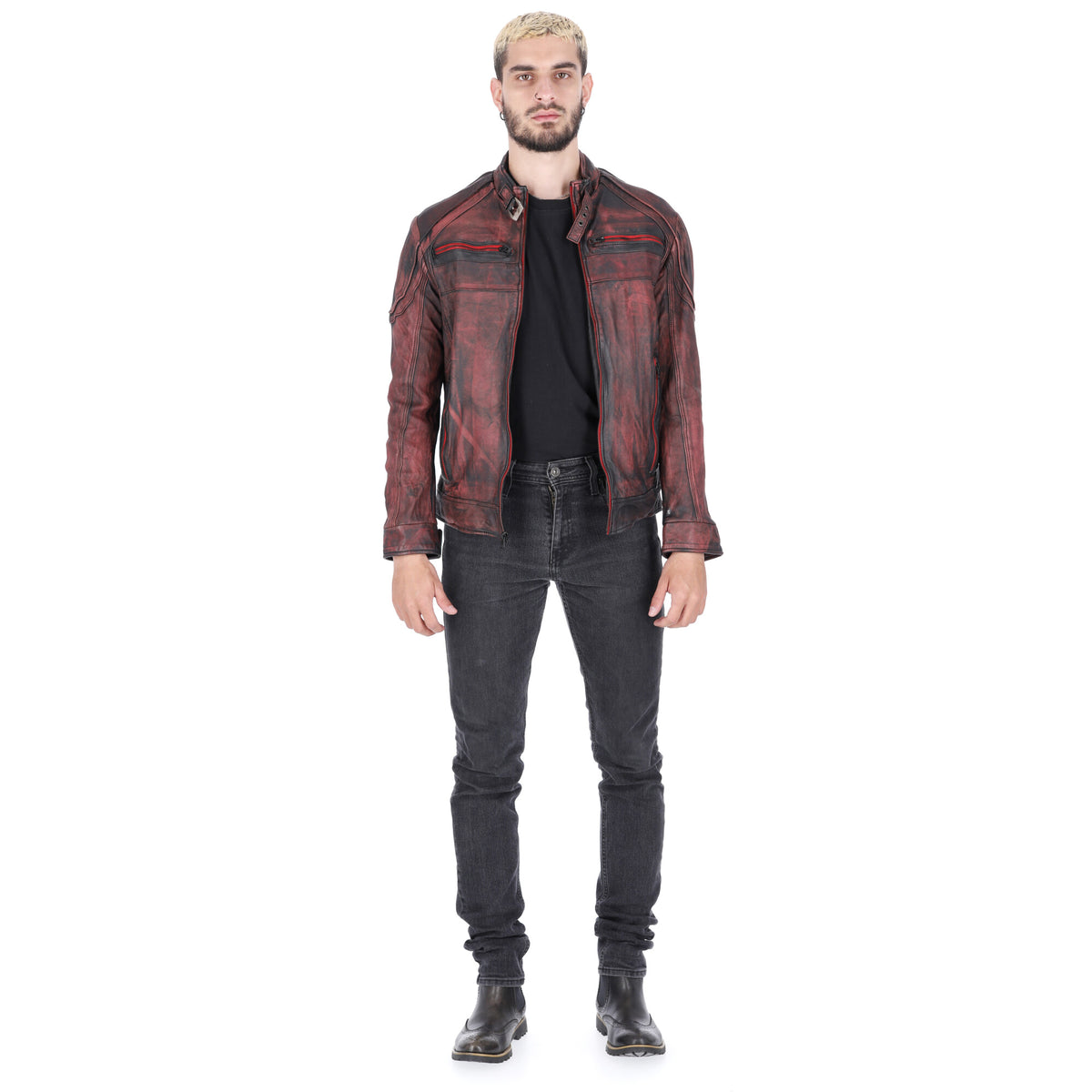 Chaqueta de Cuero Envejecido Negro Base Rojo Minor