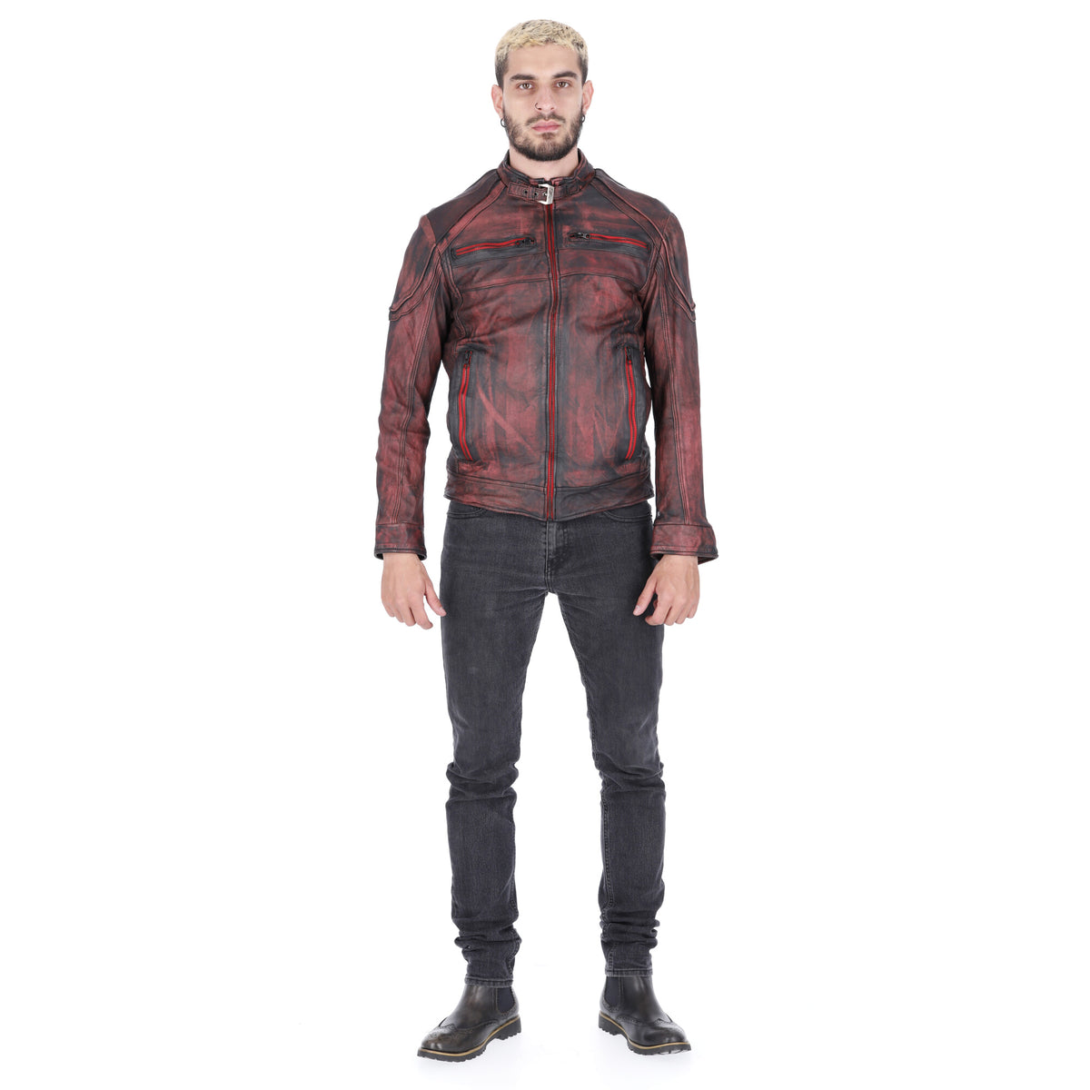 Chaqueta de Cuero Envejecido Negro Base Rojo Minor