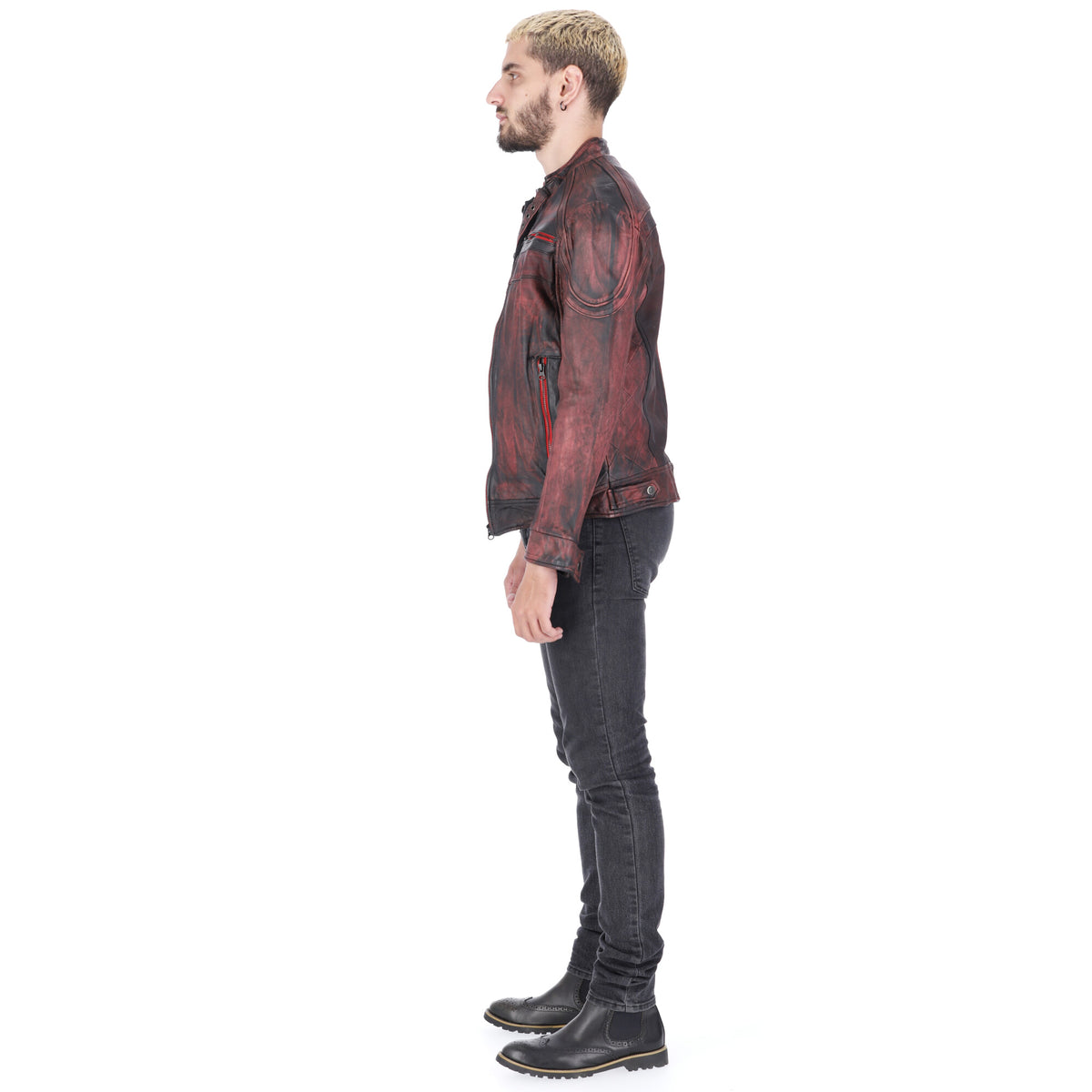 Chaqueta de Cuero Envejecido Negro Base Rojo Minor
